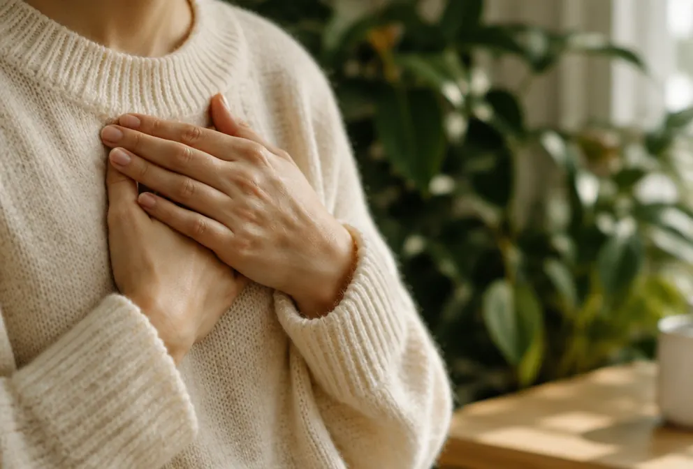 Hands resting gently on the chest