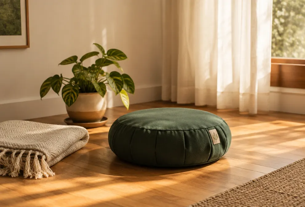 A green meditation cushion on a sunlit wooden floor