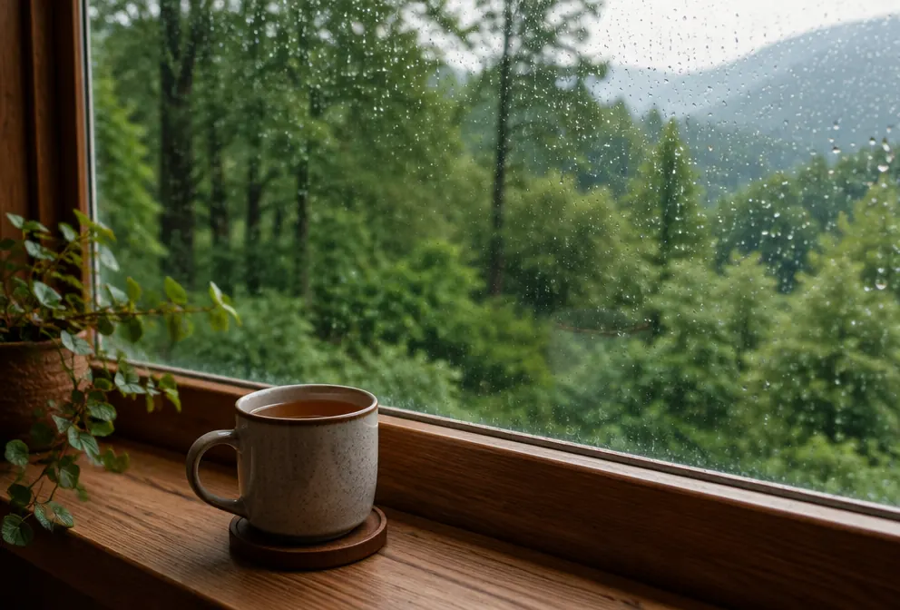 Rain on a window overlooking a green forest, with a cup of tea on the sill