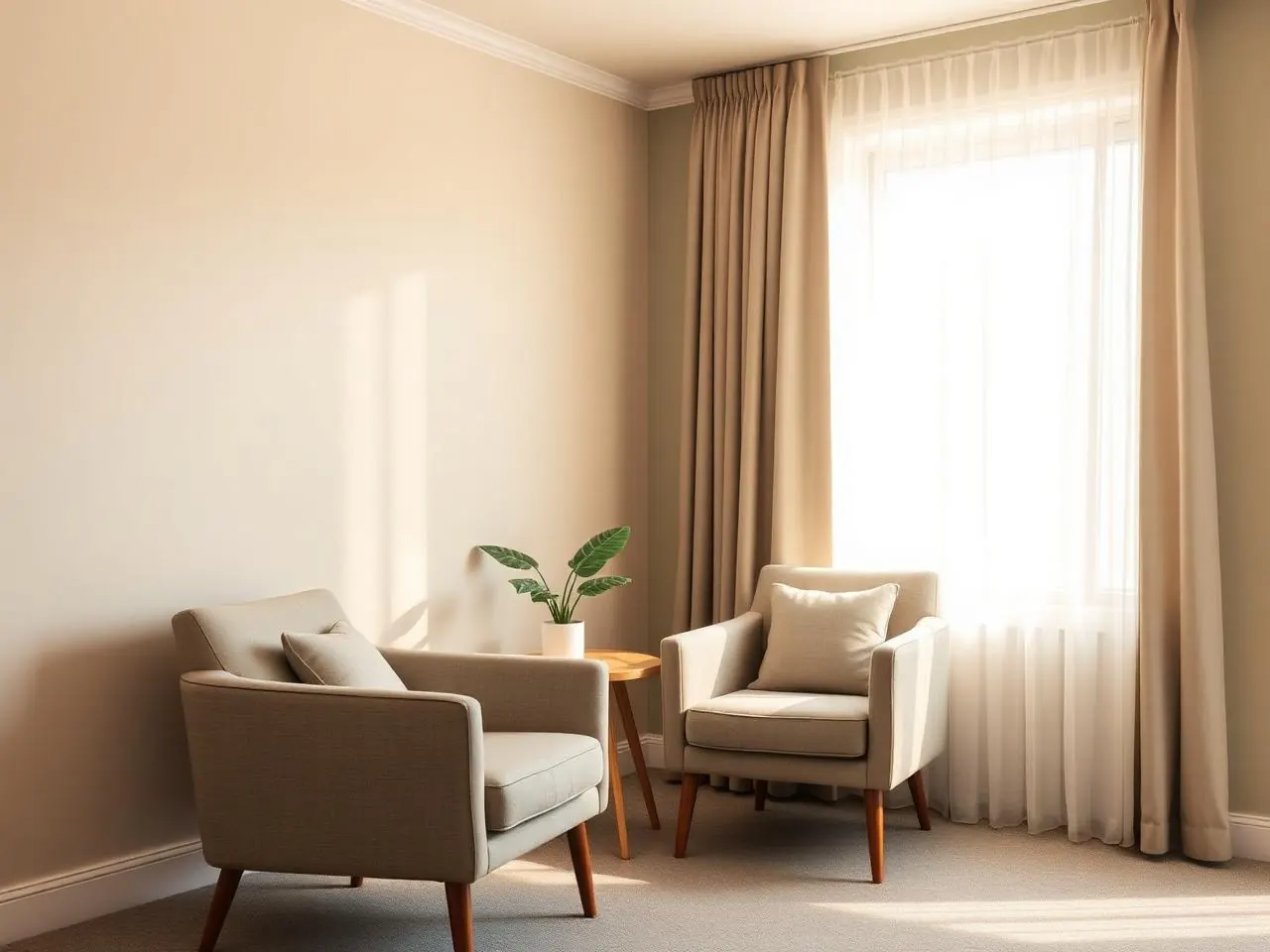 Two armchairs and a plant in the counselling room at DeepMind Counselling, lit by soft daylight